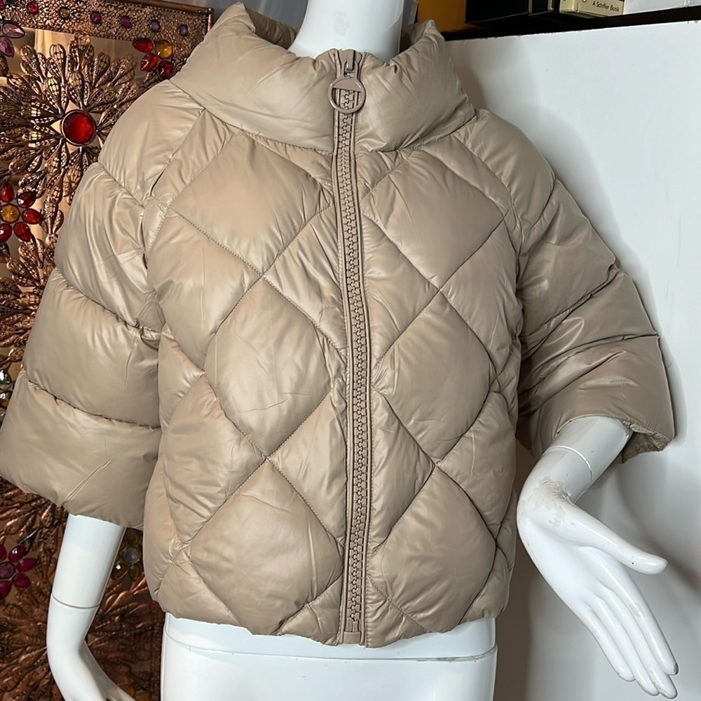 Monte Servino Sz XL Taupe Tan 3/4 Sleeve Zip Puffer Jacket- New